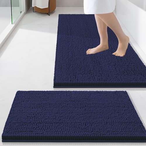 Image of Smiry Bathroom Rugs Sets 2 Piece, Soft Absorbent Chenille Machine Washable Non Slip Shaggy Bath Rug Set for Tub, Shower, and Floor (34x21+24x16, Navy Blue)