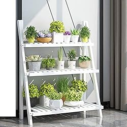 Macetas Flores Exterior 3 Niveles Estantería para Plantas en bambú, para jardín, Soporte Decorativo para macetas, Flores Exterior Interior, 70 x 40 x 96cm Blanco