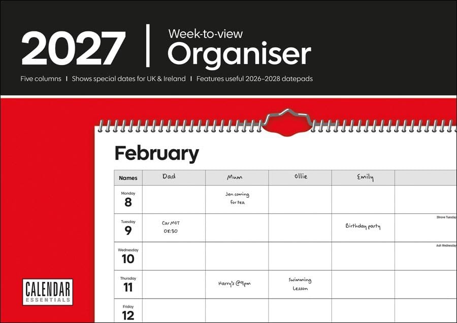 Carousel Worldwide 2027 Essential A4 Wall Planner, Week to View