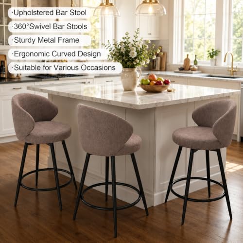 Image of 360 Swivel Modern Bar Stool Set of 3, 26 inch Upholstered Counter Height Bar Stools with Wingback, Soft Linen Fabric, Counter Chairs with Arm for Kitchen Island or Home Bar, Brown