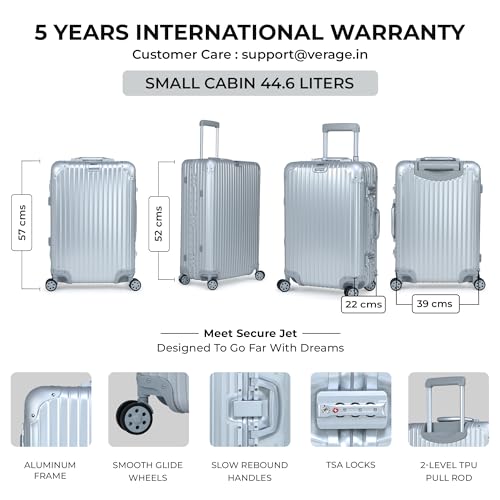 Image of Verage Luxe Secure Jet Full Aluminium Body (44 Liters) Cabin Size Luggage with Zipper Less Frame Closure & Dual TSA Clasp Locks Spinner Suitcase Trolley Bag (Silver, 20 inch / 57 Cms)
