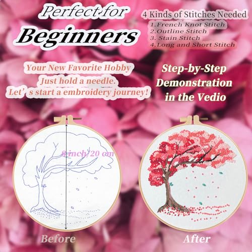 Image of FONNUY Crewel Embroidery Kit for Beginners, Seasonal Tree Pre-Stamped Pattern Kits for Adults with Hoop, Easy to Follow Color Thread Needlework, 8'' (Pink)