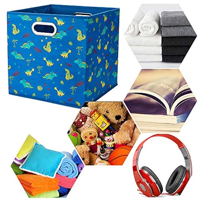 6 Cube Storage Bins Blue 10.5x10.5x11 Inch Foldable Dinosaur Coastal Print Fabric Half Storage Basketes for Home Organizers Storage Drawer,QY-SC13-6