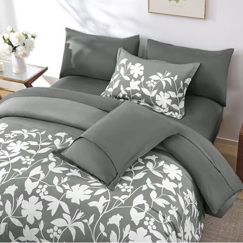 Dintszyayue Grey Comforter Set Queen Size, 7 Pieces Floral Bed in a Bag for Queen Size Bed, Soft Microfiber Flower Leaves Bedding Set for All Season - Image 4