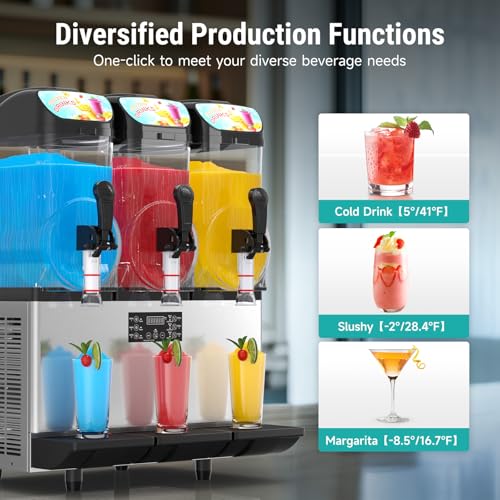 Image of 45L Commercial Slushy Machine with LED Light, 15Lx3 Tanks Commercial Frozen Drink Machine, Stainless Steel Margarita Slushie Maker, Quick Making, for Wine Cocktails, Daiquiri Juice, Coffee