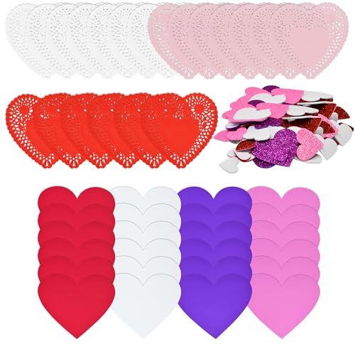 174 Pieces Valentines Day Craft Gift Set 100 Paper Valentine Heart Doilies 24 Foam Hearts 50 Glitter Stickers Red Pink Purple & White for Kids Valentine