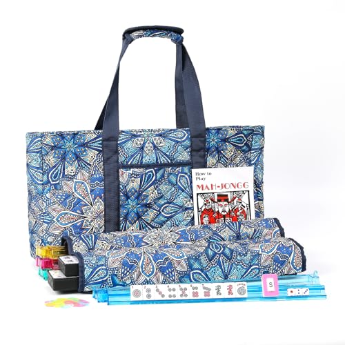 Kyerlish American Mahjong Tile Set with Blue Printed Carrying Bag, 166 Premium Tiles, 4 All-in-One Color Racks/Pushers, Mah Jongg Sets, Mahjong Game Set for Travel, Christmas, Birthday Gifts