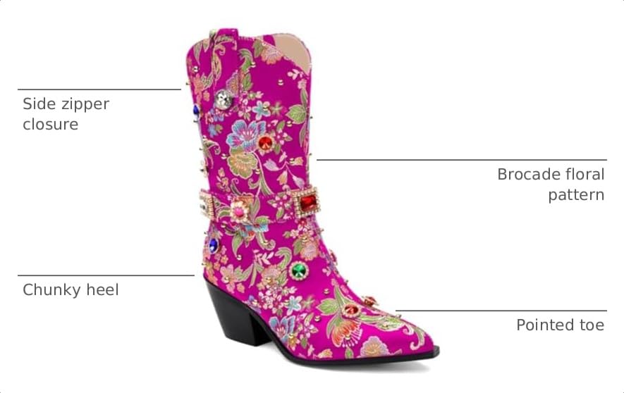 Image of LOCERICH Women Rhinestone Cowboy Sparkly Cowgirl Boots Diamond Western Floral Embroidery Mid Calf Booties