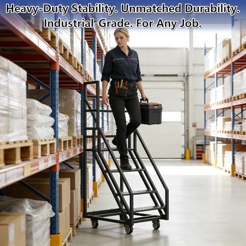 Image of 4 Step Mobile Home Stairs,39.3 inch W x 23.6 inch D x 78.7 inch H Movable Industrial Rolling Stairs,Handrails Anti Slip Storehouse Stair Ladder with Wheel,Suitable for Libraries Storehouse