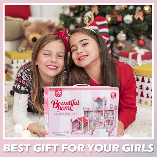 Image of deAO Dollhouse - 3-Tier DIY Role Play Set, Dollhouse Accessories and Furniture, Gift for 6 7 8 9 Girls Toddlers (Pink)
