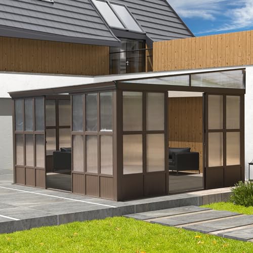 Domi 12x16FT Wall Mounted Sunroom Kit Outdoor All Season Lean to Solarium Aluminum Enclosed Gazebo Screened House with Polycarbonate Roof Detachable Windows 3 Lockable Sliding Doors for Patio Deck
