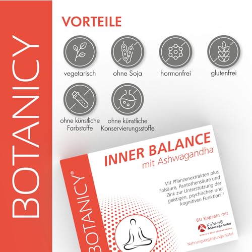 BOTANICY Inner Balance - 60 Ashwagandha Kapseln mit BIO KSM-66 - Alternative zu Anti Stress Tabletten - Indische Schlafbeere, Ginkgo Biloba, Rosenwurz, Vitamin B5 und B9 plus Zink - Laborgeprüft