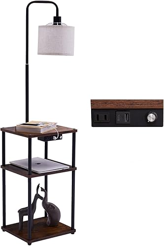 Lámpara de pie con mesa, lámparas para sala de estar con estación de carga (puerto USB y tipo C y CA), lámpara de mesa auxiliar rústica con estantes