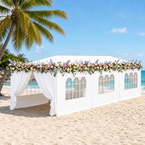 Image of 10'x30' White Party Canopy Shelter Tent, Outdoor Tent with 8 Removable Sidewalls & Transparent Windows for Patio, Backyard, BBQ, Weddings and Outdoor Gatherings