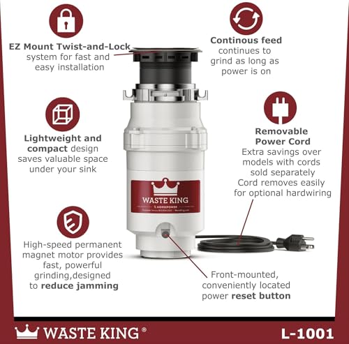 Image of Waste King 1 /2 HP Garbage Disposal with Power Cord for Kitchen Sink Food Waste, L-1001 (Pack of 2)
