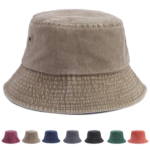 XIEXIESHER Unisexo Sombrero de Pescador, Retro ala Ancha de algodón Vaquero Lavado, Sombrero para el Sol al Aire Libre, Gorra Plana para Pesca, Senderismo, Deportes de Playa(Caqui)