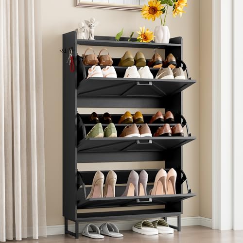 Image of BORNOON Shoe Cabinet with 3 Flip Drawers Narrow Shoe Storage Cabinet Organizer Wooden Freestanding Shoe Rack Hidden Slim Shoes Storage Cabinet for Entryway, Hallway, Living Room, Bedroom