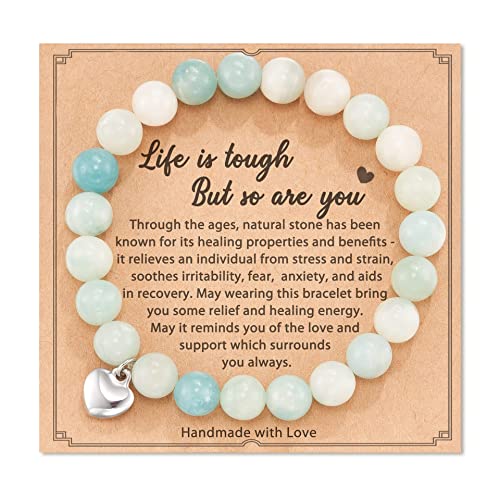 BENIFILE Anxiety Bracelet for Teenage Girls Gifts, Green Elastic Crystal Beaded Natural Stone Inspiring Bracelets for Women Teen Ladies Christmas Birthday Strength Gifts Good Luck Bracelet with Card