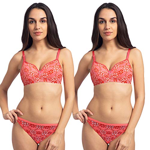 Image of Komli - Bridal Lightly Padded Push-Up Bra and Panty Set - Cotton Rich - Balconette - Seamless, Wireless, 3 /4th Coverage - Embroidered Floral Multicolor Lace on Cups with Halter Straps