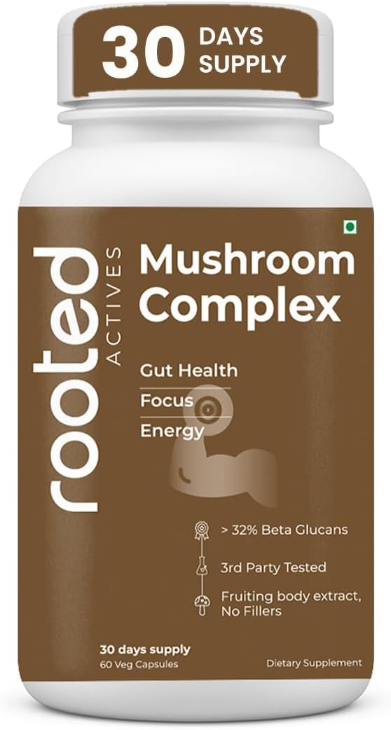 – Rooted Mushroom Complex - 7 Mushrooms blend for Heart, Liver, Gut, Energy & Immunity (60 Veg Caps, 500 mg) |USDA organic, > 30% Beta Glucans