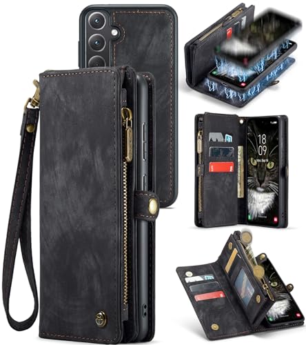 FONREST for Samsung-Galaxy-A35 5G All-in-1 Wallet Case, PU Leather Flip Folio Cover with Magnetic Absorbing Back Shell, Kickstand, 8 Card Holders, 1 Cash Slot, Zipper Pocket, Lanyard (Black)