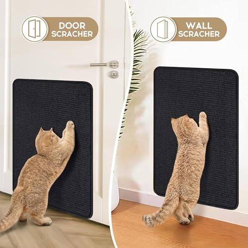 Image of Graciadeco Black Cat Scratching Mat Sisal, 2 Packs Sisal Fabric Large Cat Scratching Pad for Indoor Cats with Adhesive Hook Loop Tape, Wall Scratchers for Indoor Cats 23.6 inch x 15.7 inch