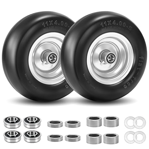 2 Pcs 11x4.00-5 Flat Free Lawn Mower Tire and Wheel, 3.4' Centered Hub, 3/4' & 5/8' Bearings, 11x4-5 Solid Tires, Smooth Tread, Replacement for Zero-Turn Mower Front Tires, Gray