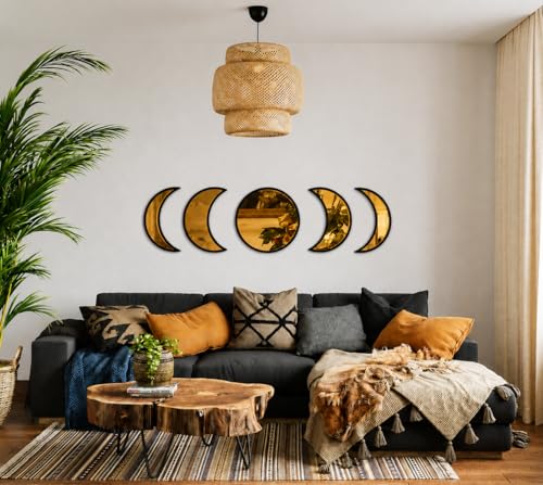 Image of Moon Phase Wall Decor with Black Laminated Pine Wood Frame & Golden Acrylic Mirror | Boho Celestial Wall Art for Living Room, Bedroom, Yoga & Meditation Room