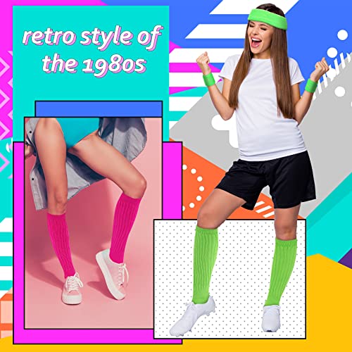 Whaline 10Pcs 90S Neon Party Headband Wristbands Slouch Socks Set Stretchy Cotton Knit Green Rose Red Knee High Socks Sweatbands 80S Style Women Girls Sport Accessories For Yoga Tennis Running #TOP6