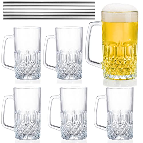 Frcctre 6 Stück 473 ml Glas Bierkrug Große Biergläser Steine mit Griff und Edelstahl Strohhalme, Kristall Bleifreie Trinkgläser Wasserbecher für Bier, Saft, Getränke, Bar Cover
