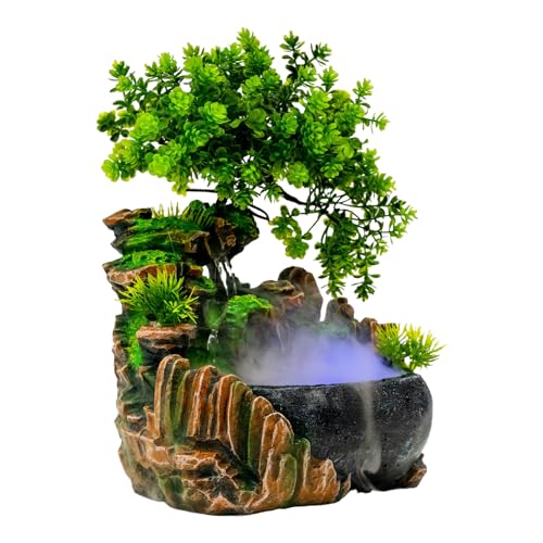 Waterfall Fountain Indoor Rockery Fountain Tabletop with Color LED Light&Water Pump Small Desktop Bonsai Fountains Tabletop Desk Decorations for Home Office Bedroom Spa 220V