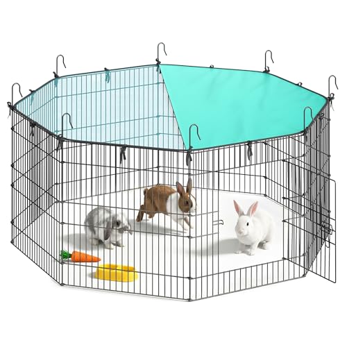 SONGMICS Kleintiergehege, Freilaufgehege mit Abdeckung, Gehege, atmungsaktiv, Sonnenschutz, für Kaninchen, Meerschweinchen, 8 Gitterplatten, 138 x 138 x 60 cm, tintenschwarz LPI020BH01