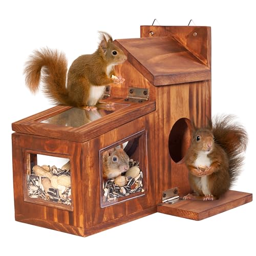 MIXUMON Wood Squirrel Feeder Squirrel Feeders for Outside Winter Wooden Chipmunk Feeder for Corn Peanuts Durable Box Easy to Fill with Removable Top Panel