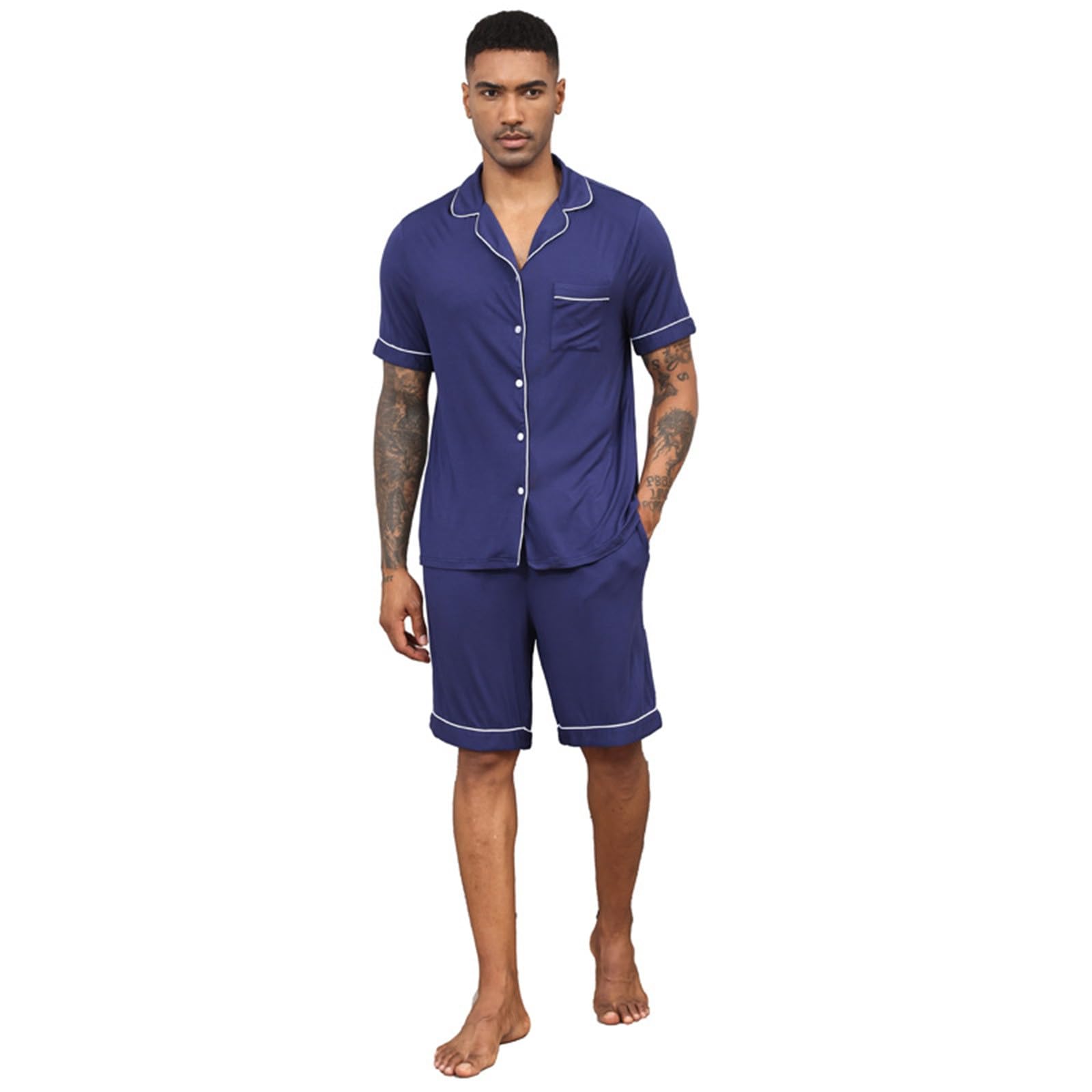 Pigiama Uomo Cotone Manica Corto, Pigiama Uomo Cotone Leggero Due Pezzi Set Da Notte Tops a Manica Corta E Pantaloncini a Quadretti Da Casa Pigiami Da Uomo Estivi Completi Estivi Set Semplici E Comodi