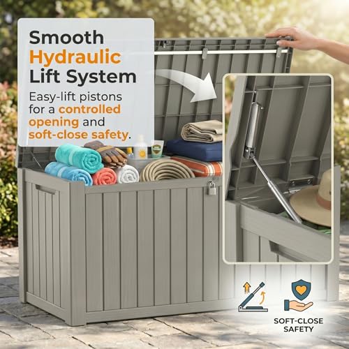 Image of 151 Gallon Resin Deck Box with Lockable Lid - Heavy-Duty Outdoor Storage for Patio Furniture, Garden Tools, Pool Accessories, BBQ Supplies - All-Weather Wood Grain Design