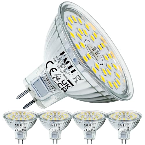 EACLL Ampoules LED GU5.3 6W Blanc Froid Équivalent 50W MR16 Halogène, Lot de 4, 485 Lumens 6000K Non Dimmable, Éclairag sans Scintillement, Angle de Faisceau 120° Spot, AC/DC 12V Lampe à Réflecteur