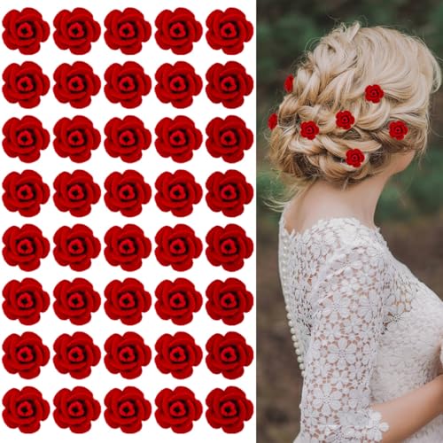 40 Pcs Small Red Rose Flower Hair Clips Mini Cute Floral Hairpins Valentines Day Christmas Gift Wedding Bridal Summer Hair Accessories for Women