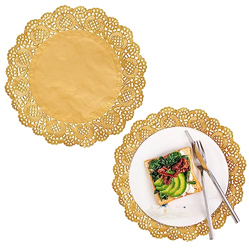 Amkoskr 100 Pcs 12 Inch Round Lace Gold Paper Doilies Gold Foil Paper Placemats Doily Paper Pad thumb #2