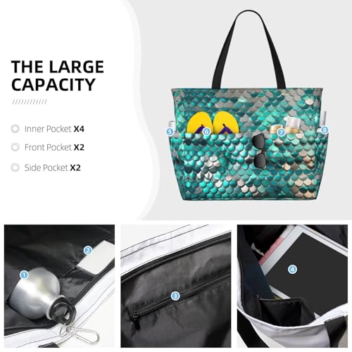 Mermaid Scale Extra Large Tote Bag For Women,Foldable Beach Bag With Pocket Weekender Travel Overnight Bag3