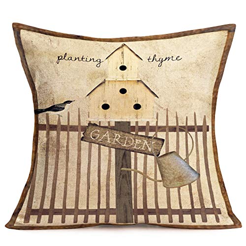 Vintage Rustic Board Style Throw Pillow Covers Cotton Linen Retro Bird Nest Thyme Floral Bee Decorative Pillow Covers 18"X18" Country Farmhouse Garden Throw Pillow Case Cushion Cover, 4 Pack(Bird Bee) #TOP3