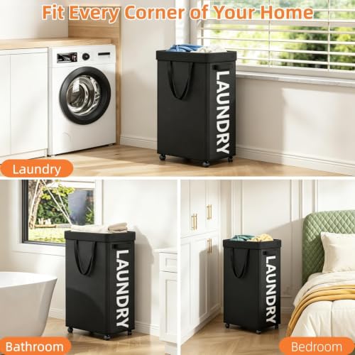 Image of Optish Laundry Basket with Wheels, 90L Rolling Laundry Hamper with Wheels, Large Clothes Hamper on Wheel with Removable Mesh Bag for Bedroom, Dorm Room Essentials, Black