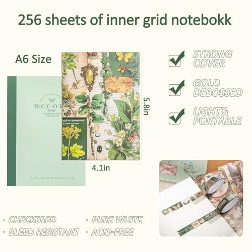 Image of Scrapbooking Supplies Kit, Vintage Botanical Aesthetic Scrapbook Kit for Bullet Junk Journal, Stationery, A6 Grid Notebook, Flower DIY Journaling Supplies, Birthday Craft Gift for Women Craft Lover