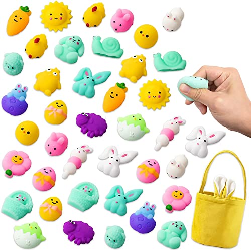 OuMuaMua Easter Party Favors for Kids - 41pcs Easter Animal Mochi Squishies Toys with Cute Bunny Easter Basket for Toddler Kids Easter Gifts, Easter Basket Stuffer Party Supplies