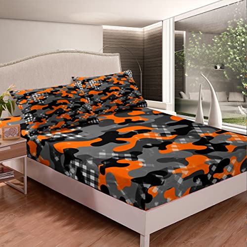 Erosebridal Army Camouflage Bed Sheets Orange Black Grey Camo Bedding Set Twin Geometric Buffalo Plaid Sheet Set For Kids Boys Girls,Military Camo Fitted Sheet + Flat Sheet + 1 Pillow Case #TOP3