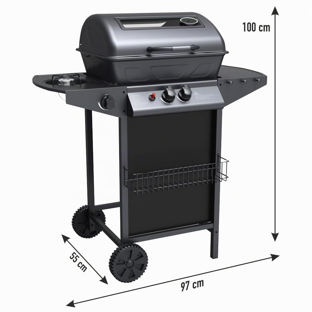 Barbacoa de gas con piedra volcánica y barbacoa de gas, 2 quemadores + estufa lateral estructura de acero con plano lateral de apoyo y 3 perchas Pratiko Life