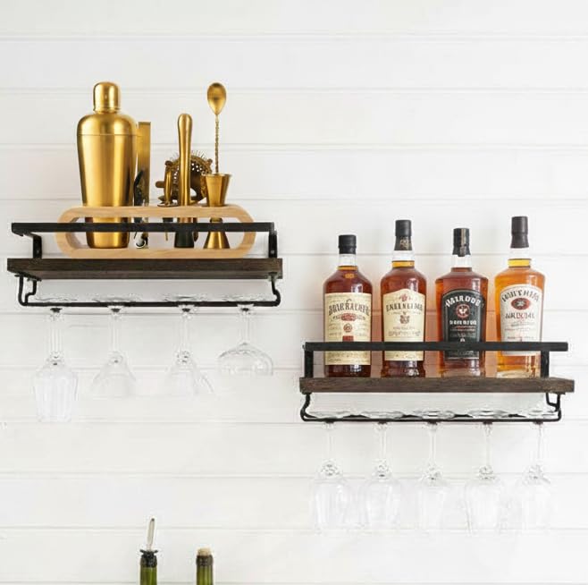 CAR-O-BAR Premium Wine Rack Organizer | Set of 2 Wall Mounted Wine Racks | 2-Tier Wine & Whiskey Rack Mini Bar Organizer | Multipurpose Retro Bar Shelf for Home Décor