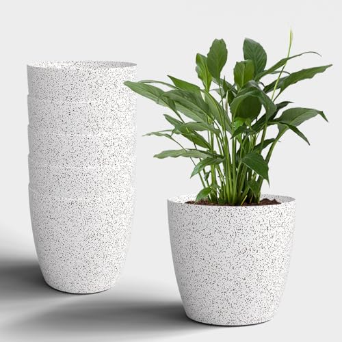 Image of YUCCABE ITALIA SHERA Stella 14 Inch Plastic Plant Pot for Home Decor Indoor Plant Pots for Living Room Plastic Flower Pot for Garden (Marble White, 14 INCH - 6 Pcs)