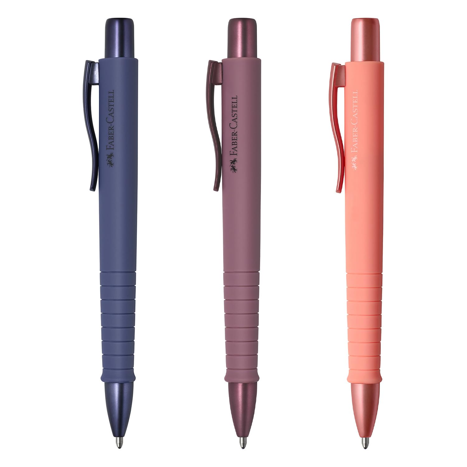 Faber-Castell 205280 - Poly Ball ballpoint pen, 3 pieces, with replaceable XB refill, indelible Blue, Future Dusk, Bordeaux, Coral