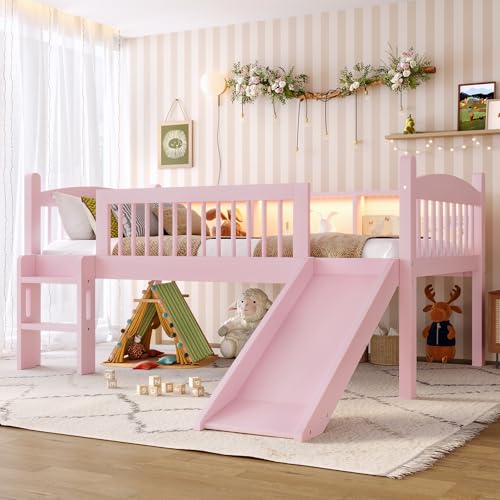Bellemave Twin Loft Bed with Slide and Ladders Solid Wood Low Loft Bed with Storage Shelves and LED Lights Loftbed Frame for Kids Boys Girls Childlike and No Box Spring Needed Design Pink