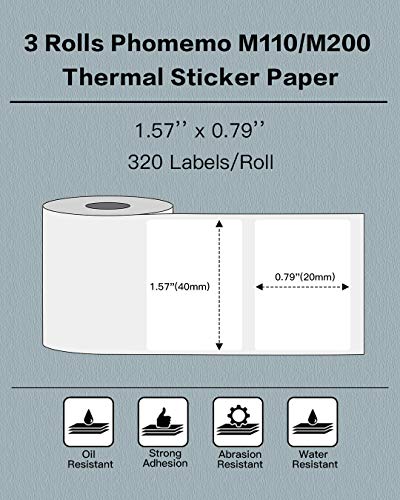 Image of Phomemo Labels- 3 Rolls M110 Label Thermal Paper for M110 /M220 /M221 /M120 /M200, 1.57'' x 0.79'' (40x20mm)- Multipurpose Square Self-Adhesive Label, 320 Labels /Roll